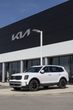 Indianapolis - March 24, 2024: Kia Telluride SX-Prestige display at a dealership. Kia also offers the Telluride in X-Line, LX, S, and EX models. MY:2024 clipart