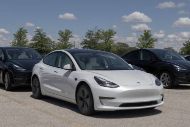 Indianapolis - 30 Mayıs 2024: Kullanılmış Tesla Model 3 sergisi bir galeride. Tesla, yüksek talebi karşılamak için kontörlü araba alıp satıyor. MY:2021