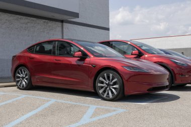 Indianapolis - 4 Ağustos 2024: Tesla Model 3 EV elektrikli araç görüntüleme. Tesla Model 3 EVS 'ler 7500 dolara kadar vergi kredisi alabilirler. MY:2024