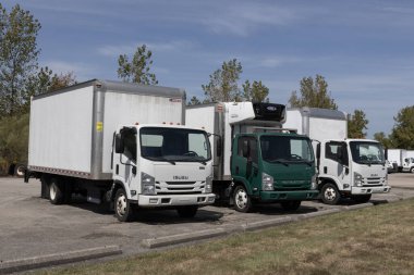 Indianapolis - 12 Eylül 2024: Satılık Isuzu kutu kamyonları. Fiyatlandırma endişesiyle Isuzu, talebi karşılamak için kontörlü kamyonları satıyor..