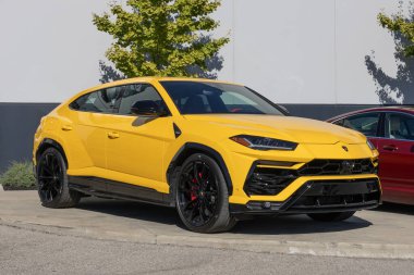 Indianapolis - 26 Ekim 2024: Giallo Auge Metalik Sergisi 'nde Lamborghini Urus. Lamborghini Urus 'a 641HP 4.0L Twin-Turbo V8 motor sunar. Benim: 2022