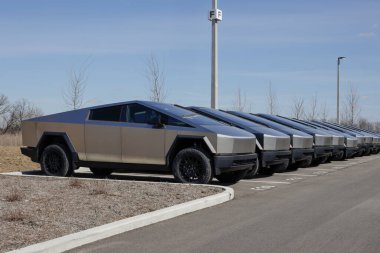 Indianapolis - 2 Mart 2025 Tesla Cybertruck bir galeride sergileniyor. Tesla, Cybertruck 'a 334 mil uzunluğunda bir atış alanı sunuyor. MY:2025