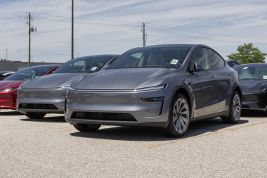 Indianapolis - 26 Mayıs 2025: Tesla Model Y bir galeride sergileniyor. Tesla, Model Y 'ye 327 mil uzunluğunda bir atış alanı sunuyor. MY:2026