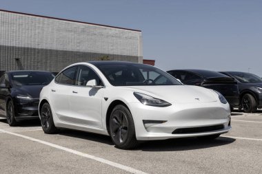 Indianapolis - 3 Ağustos 2025: Tesla Model 3 'ü bir galeride kullandı. Tesla, fiyatlandırma endişeleriyle talebi karşılamak için kontörlü araba satıyor. Benim: 2020