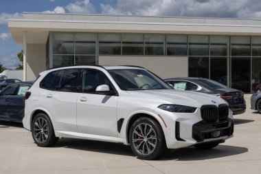 Lafayette - 27 Ağustos 2025: BMW X5 xDrive50e SUV bir galeride sergileniyor. BMW X5 'e 3.0L Twin-Power Turbo PHEV hibrit motor sunuyor. MY:2026