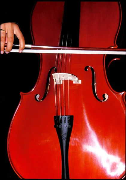 Playing Cello Close View Musicians Hand Holding Bow Strings Musical — Stock Photo, Image