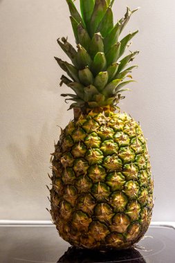 Yansıtıcı yüzeyinde yapraklı taç ve pembe duvar arkaplanı olan ananas. Yüksek kalite fotoğraf