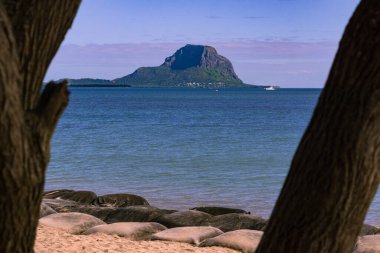  Le Morne mountain framed by two trees in the foreground at Black River beach, Mauritius. Geotextile sandbags mitigate beach erosion from rising water clipart