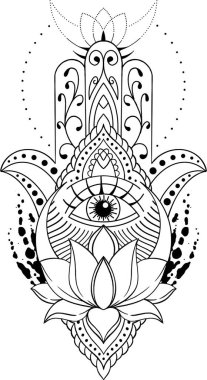 Hamsa el sembolü nilüfer çiçeğiyle. Dövme ve kına çizimi için doğu tarzında dekoratif desen.