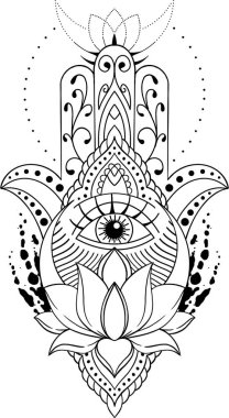 Hamsa hand symbol illustration with lotus flower. Decorative pattern in oriental style for tattoo and henna drawing. clipart