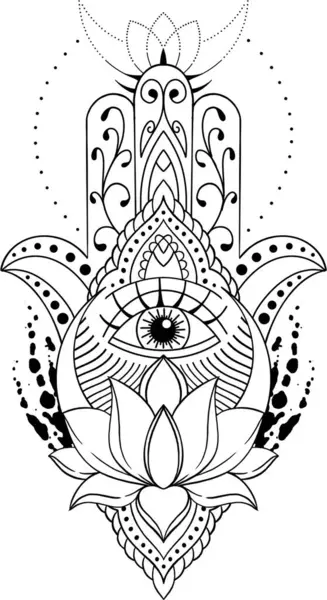 Hamsa hand symbol illustration with lotus flower. Decorative pattern in oriental style for tattoo and henna drawing.