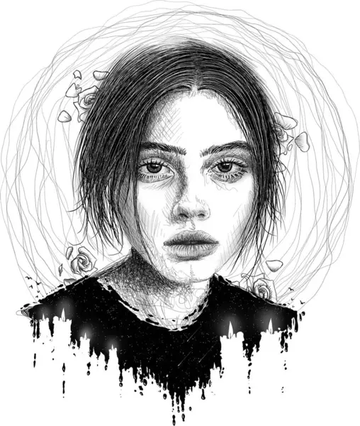 Portrait drawing of a sad woman with burning candles, Girl hand drawn illustration.
