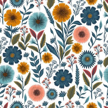 Renkli çiçekler, pürüzsüz desenli. Kumaş ve diğer tekstil ürünleri için çiçek baskısı