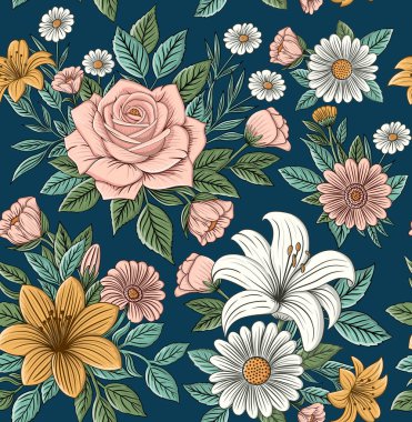 Rose, Hibiscus and Daisy Seamless Pattern with Green Leaves. Hand Drawn Floral Print. clipart