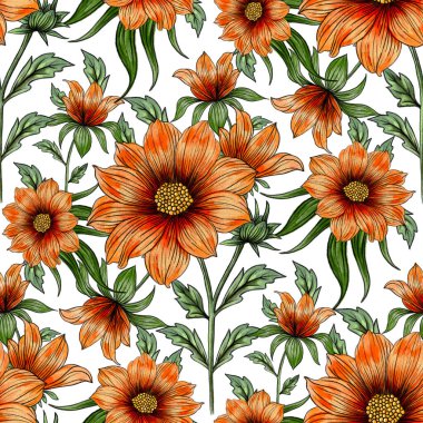 Yeşil yapraklı, pürüzsüz turuncu çiçekler. Her yerde çiçek var.