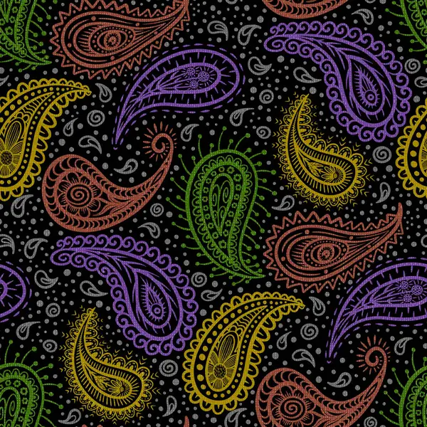 Seamless pattern with paisley ornament. Hand drawn decorative illustration on black background