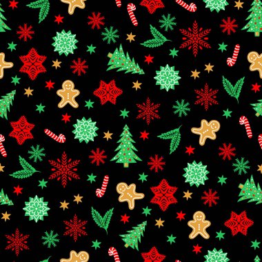 Kusursuz Noel Elementleri, El Çizimi Xmas, Kara Arkaplanda Yeni Yıl Şablonu