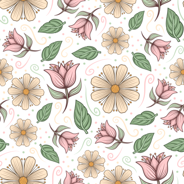 Elle çizilmiş çiçek ve yapraklarla kusursuz desen. Botanik illüstrasyon. PNG dosyası