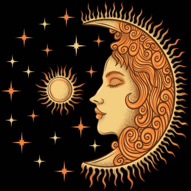 Burç burç ve astroloji için Gemini illüstrasyonunu imzaladı. Güneşli ve yıldızlı güzel ay kadını