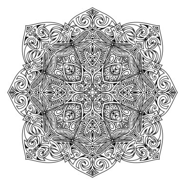 Yusufçuk soyut simetrik çizimi. El yapımı dekoratif unsur. Boyama kitabı, dövme, kına ve tişört tasarımı için siyah mandala.