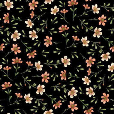 Küçük suluboya çiçekleri pürüzsüz desen, El Çiçeği Çizimi Siyah Arkaplanda Yazı Tasarımı