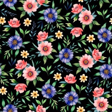 Suluboya çiçek deseni. Kusursuz Çiçekler Yazdırma. Siyah Arkaplanda El Çizimi Renkli Botanik Çizimi.