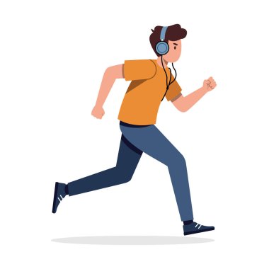 Koşan adam kulaklık vektör illüstrasyonuyla müzik dinliyor. Eğlence ve spor
