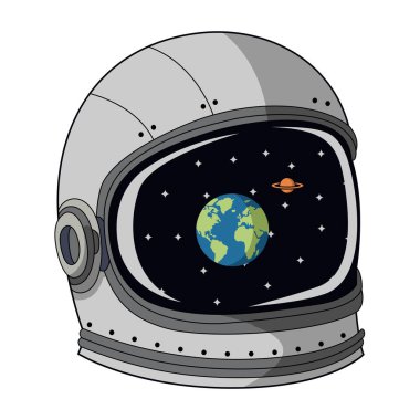 Vektör astronot miğferi, Dünya ve Satürn vizörüne yansıdı.