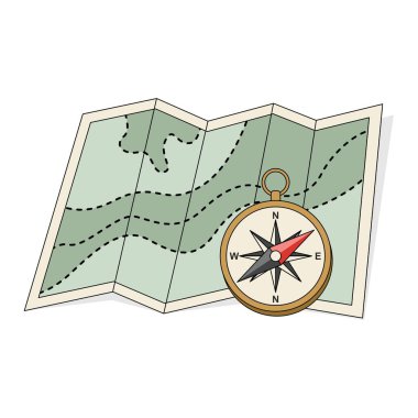 Şeffaf arkaplanda vektör haritası ve izole edilmiş pusula çizimi. Tatil ve macera nesnesi tasarımı