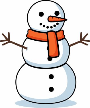 Turuncu eşarplı ve havuç burunlu vektör kardan adam. Şeffaf arkaplanda kış aktivitesi karikatür çizimi