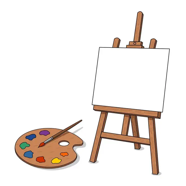 Resim malzemeleri, resim sehpası ve palet vektör çizimi. Eğlence, eğlence ve huzur