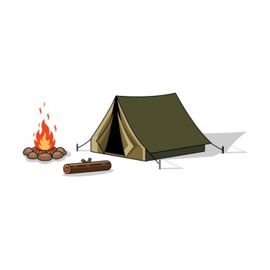 Şeffaf arka planda kamp çadırı ve kamp ateşi vektör çizimi. Dinlenme ve huzur
