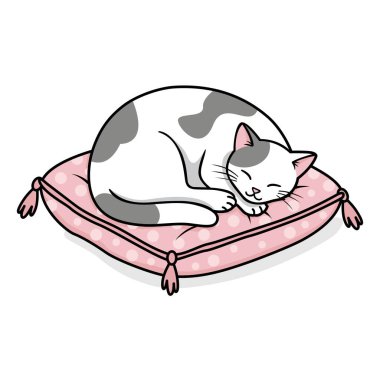 Yastığın üzerinde uyuyan beyaz bir kedi, iç mekan ve huzurlu temalı bir tasarım. Şeffaf arkaplanda kedi vektörü çizimi