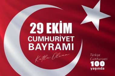 29 Ekim Cumhuriyet Bayrami kutlu olsun, Cumhuriyet Günü Türkiye. Tercümesi: 29 Ekim Türkiye Cumhuriyeti Gününüz kutlu olsun. Vektör illüstrasyonu, poster, kutlama kartı, grafik, post ve hikaye tasarımı.