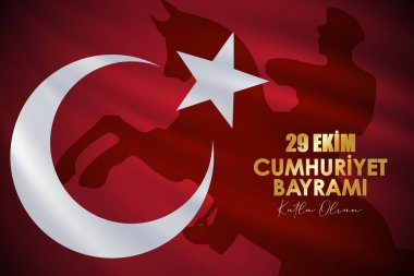29 Ekim Cumhuriyet Bayrami kutlu olsun, Cumhuriyet Günü Türkiye. Tercümesi: 29 Ekim Türkiye Cumhuriyeti Gününüz kutlu olsun. Vektör illüstrasyonu, poster, kutlama kartı, grafik, post ve hikaye tasarımı.