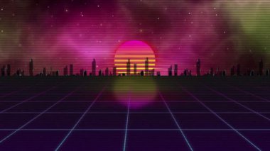 Geçmişe dönük fütüristik arka plan, 80 'ler tarzı, güneş ve şehir arka planı. Yüksek kalite 4k görüntü