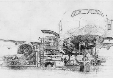 loading cargo into the aircraft before departure, pencil sketch digital art