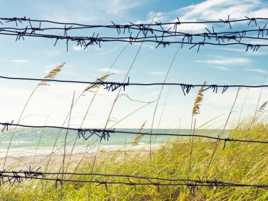 View through barbed wire to path going to the ocean beach in Florida