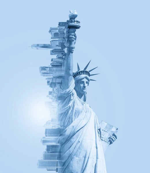 Double Exposure Image Statue Liberty New York Skyline Cope Space — Stock Photo, Image