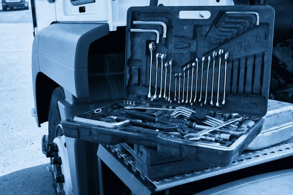 car mechanic tool set in a auto repair shop