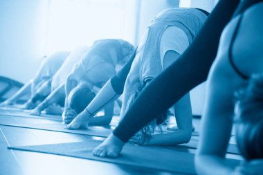 Yoga sınıfı, bir grup insan rahatlama ve yoga pozu.