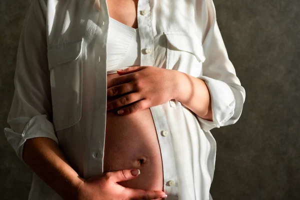 Těhotná Žena Břicho Koncept Těhotenství Střední Průřez Portrét Nerozpoznatelné Ženy — Stock fotografie