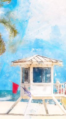 Watercolor painting illustration of lifeguard tower in Miami Florida