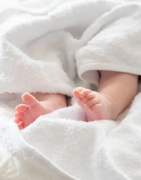 stock image The feet of a newborn pure and soft peek from a white towel symbolizing lifes gentle start after a calming bath