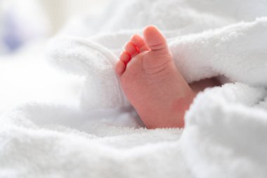 Rahatlatıcı bir banyodan sonra, küçük bir bebeğin küçük ayağı merakla beyaz bir havlunun altından süzülür ve yeni doğan bebeğin huzurlu bir bakımını yakalar.