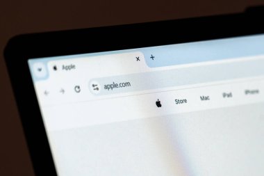 New York, ABD - 15 Aralık 2024: Apple web sitesinin ana sayfası görünür logolu bilgisayar ekranında gösterildi. Teknoloji ürünleri ve hizmetleri için çevrimiçi platform