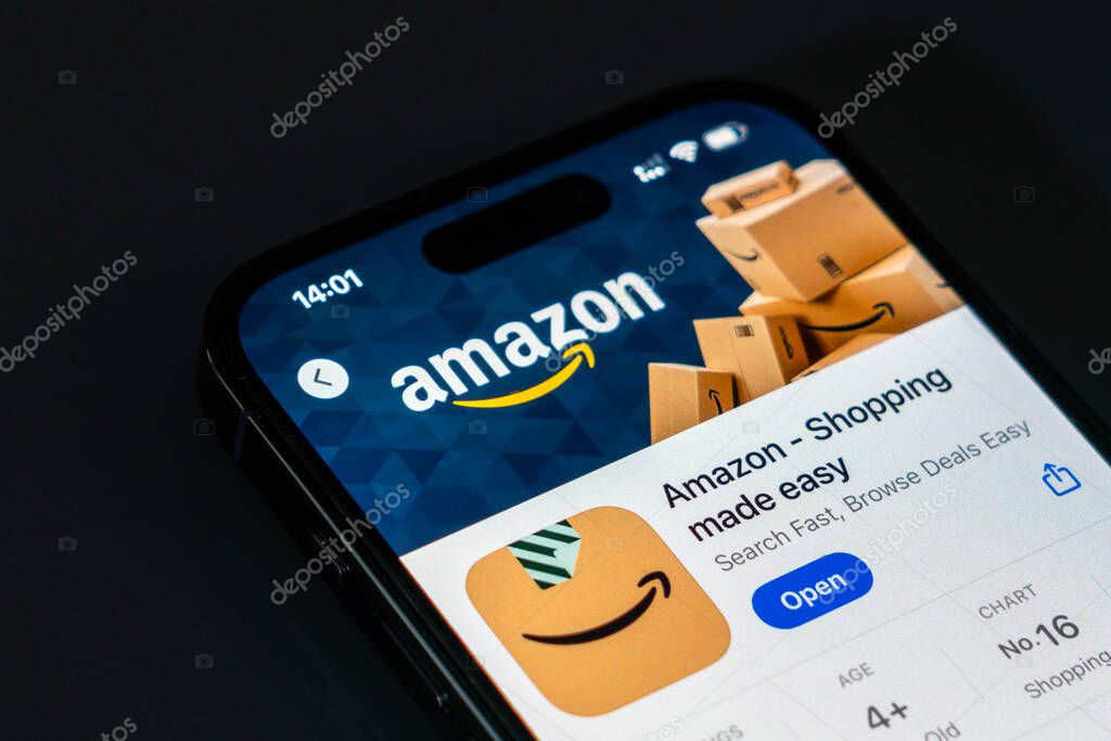 New York, USA - December 20, 2024: Amazon Shopping app displayed on smartphone screen with logo. Ecommerce application offering a wide range of products and fast delivery options