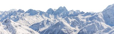 Panorama of winter mountains covered in snow isolated on white background. Mountain peaks in winter clipart