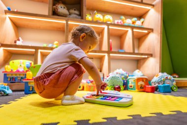 Bebek, yaratıcılığı, duyusal becerileri ve bilişsel gelişimi arttırmak için renkli bir müzikal piyanoyla eğitici aletlerle dolu güvenli ve canlı bir oyun alanında meşgul oluyor.