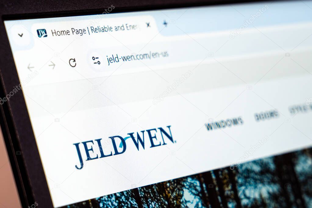 New York, USA - January 20, 2025: Jeld-Wen website showcasing windows, doors, and home building products displayed on a screen